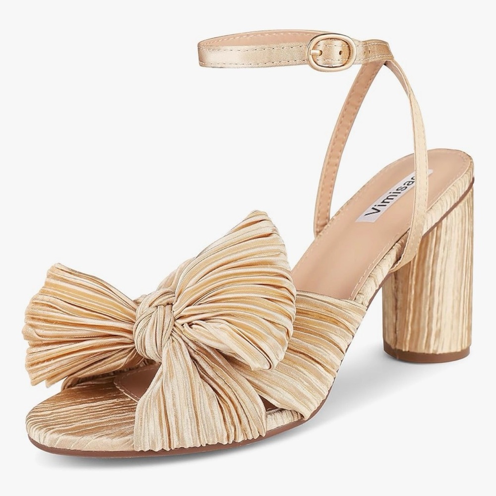 Gold  Bow Ankle-Strap Block Heel Sandal 8.5